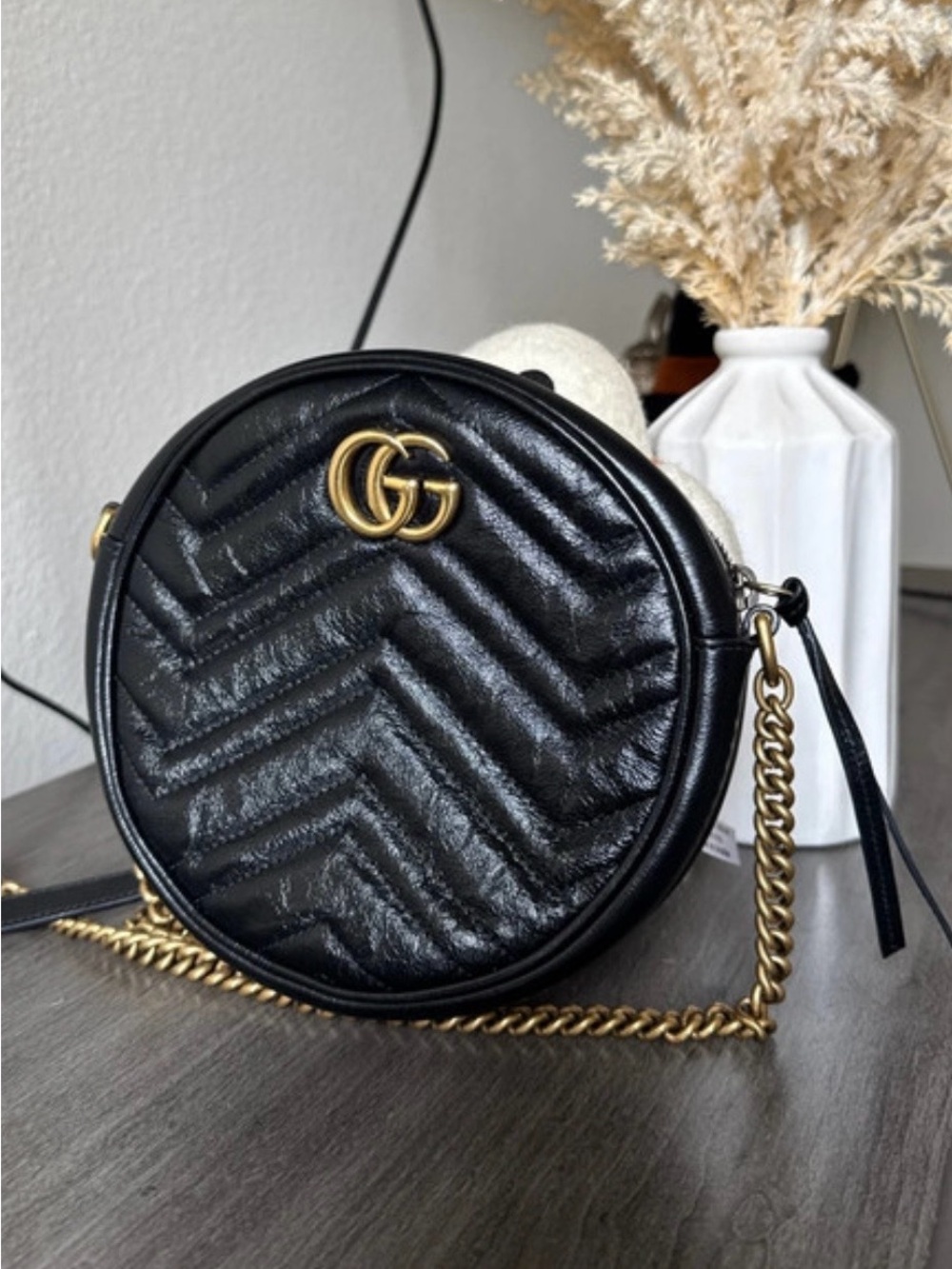 Gucci Black Quilted Chevron Round Crossbody with Gold GG